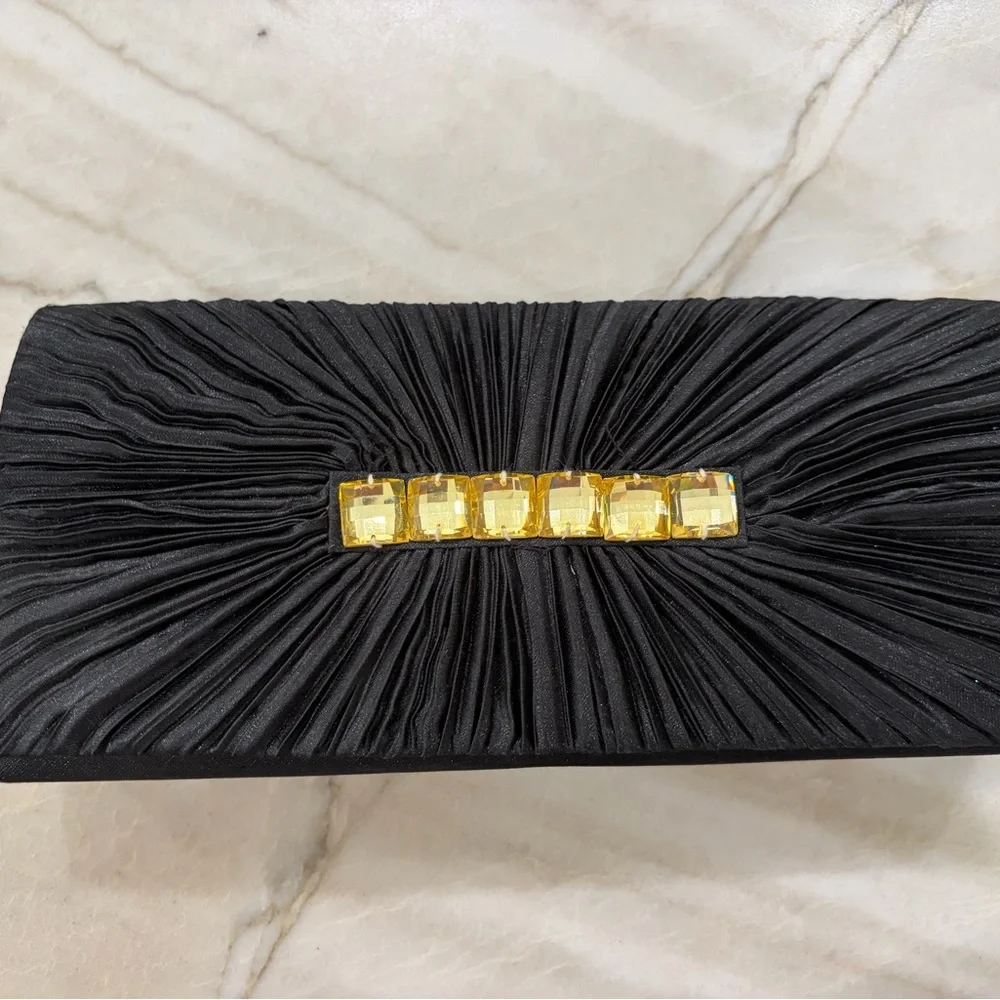 Black Pleated Evening Clutch with Gold Gem Detail